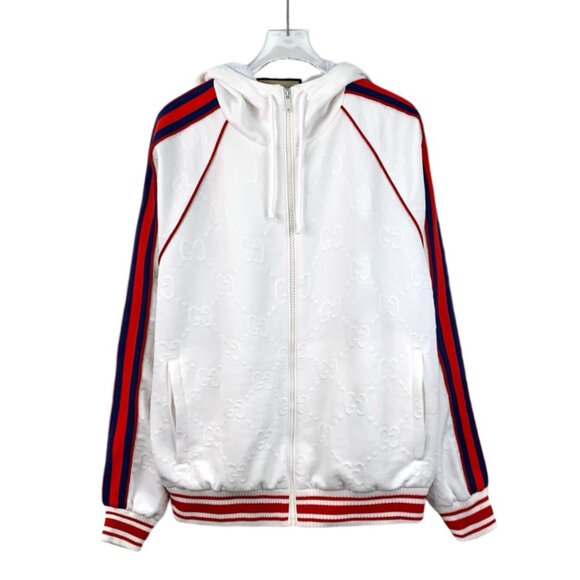 Gucci White Striped Logo Embossed All-Over Print Hoodie Jacket